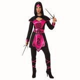 Pink Ninja Warrior Costume - Ladies, black and pink dress with Japanese symbols, matching belt, black leggings, pink headband.