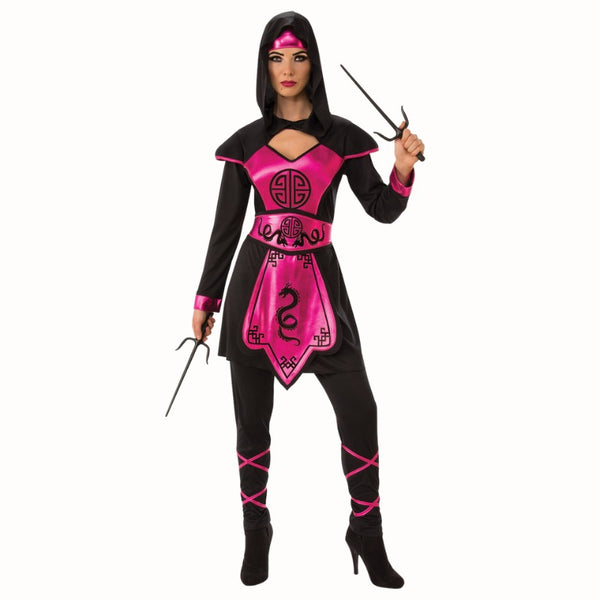 Pink Ninja Warrior Costume - Ladies, black and pink dress with Japanese symbols, matching belt, black leggings, pink headband.