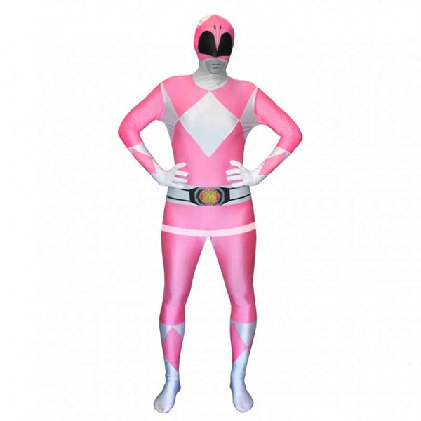 Pink power rangers adult bodysuit is ideal for the female superhero and fan convention