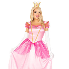 Person wearing a pink princess costume with a crown on a white background