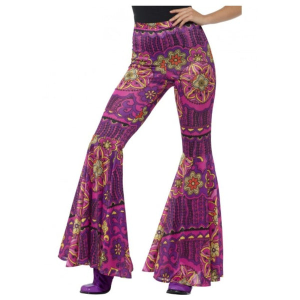 Womens pink psychedelic flared trousers retro 60s print