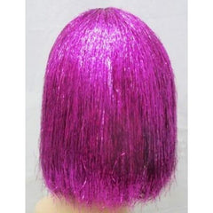 Pink tinsel disco bob wig in hot pink with shiny strands, deluxe party wig for disco and festival costumes.