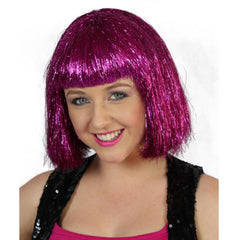 Pink tinsel disco bob wig in hot pink with shiny strands, deluxe party wig for disco and festival costumes.