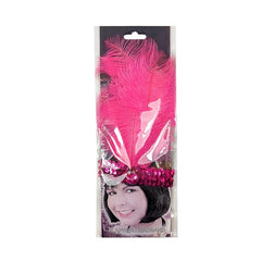 Pink Twenties Flapper Headband, stretch pink sequin 1920's headband with pink feathers and jewel.
