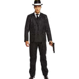 Pinstripe Gangster Adult Costume – black pinstripe jacket, trousers, and tie by Fun Kiwi for 1920s Gatsby or mobster parties