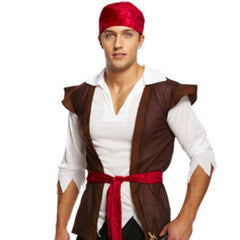 Mens pirate adventurer costume with shirt, vest, trousers and headscarf