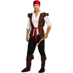 Mens pirate adventurer costume with shirt, vest, trousers and headscarf
