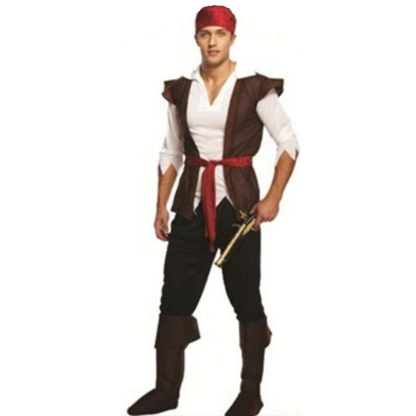 Pirate Adventurer adult costume in XL with headscarf, shirt, vest, belt, trousers and boot covers
