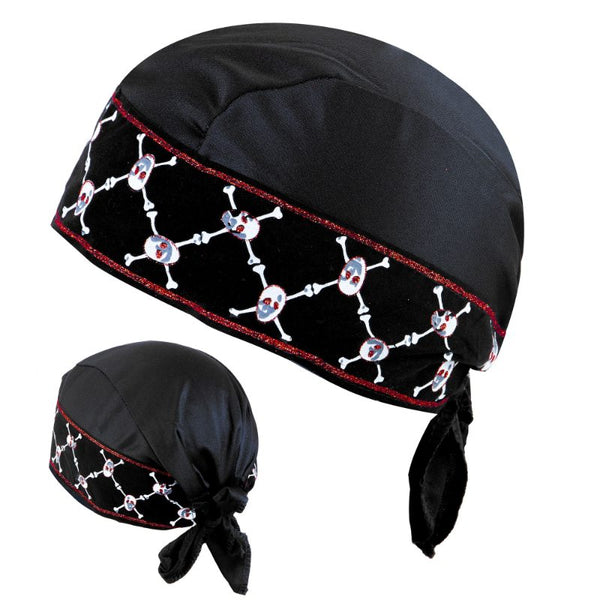 Black pirate bandana with skull and crossbones print, ties at the back for secure fit