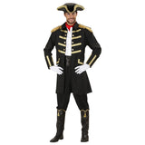 Person wearing a black historical costume with gold accents on a white background