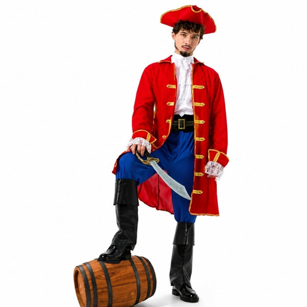 Pirate Captain Costume for adults with red coat, pirate hat and boot covers for Book Week and pirate parties