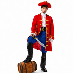 Pirate Captain Costume for adults with red coat, pirate hat and boot covers for Book Week and pirate parties