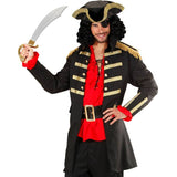 Black pirate captain costume with military-style coat and matching hat, versatile for 80s musician or pirate fancy dress