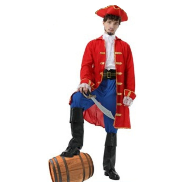 Red pirate captain costume with coat, hat, shirt, pants and boot covers