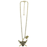 Gold-look pirate skull necklace with crossed swords and pirate flag detail