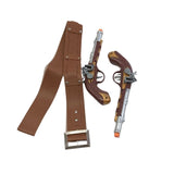 Two toy flintlock pistols with a brown leather holster on a white background