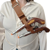 Person wearing a white shirt with a brown leather holster and two revolvers on a white background