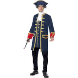 Navy pirate commander costume with gold trim, jacket and hat