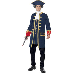 Pirate Commander costume with navy coat and gold trim, includes matching hat