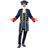 Pirate Commander costume with navy coat and gold trim, includes matching hat