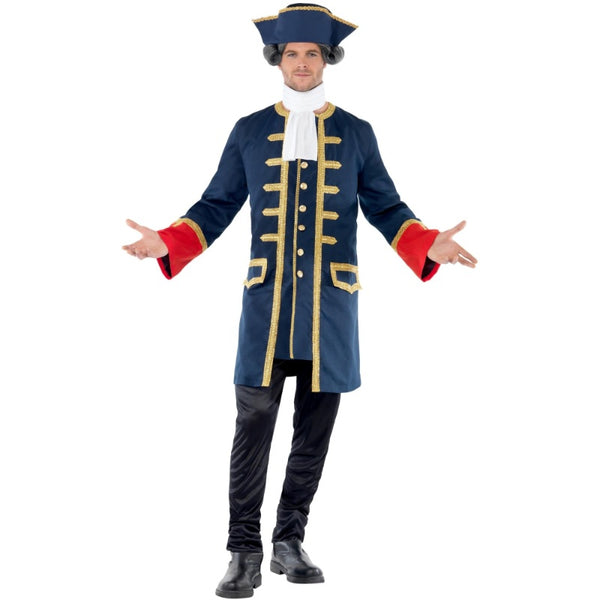 Pirate Commander costume with navy coat and gold trim, includes matching hat