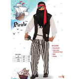 Pirate Costume Mens - Dr Toms, black and white striped pants with jagged hemline, white shirt with attached black vest with skull print, red headscarf and belt.