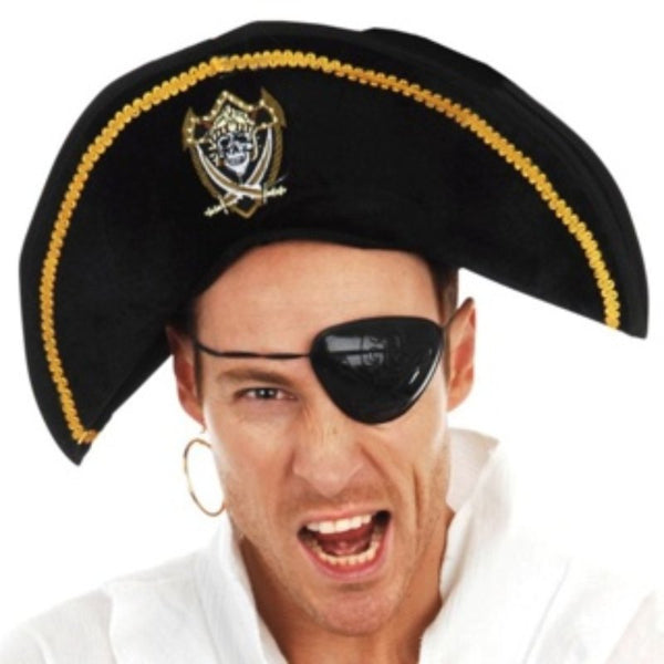 Adult pirate hat with gold trim, badge, and wire-inserted rim for tricorn shaping – perfect for pirate costumes