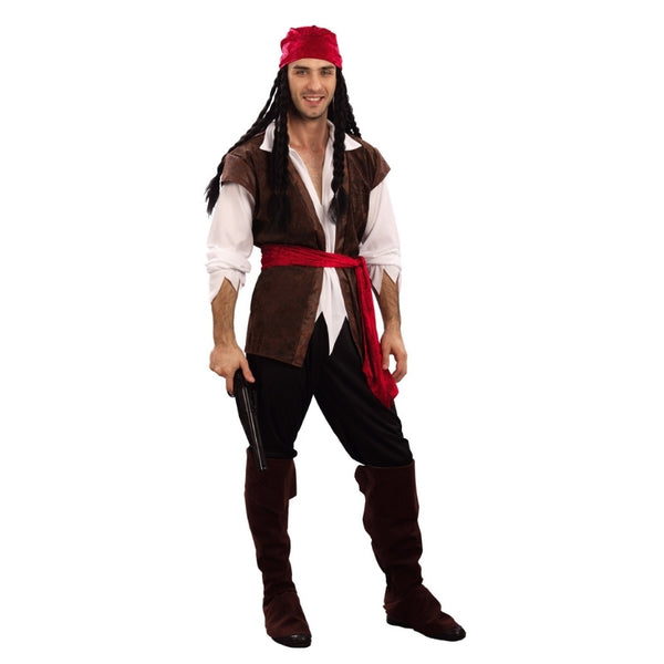 Adult pirate jack costume with pirate shirt, vest, belt and boot tops