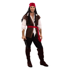 Adult pirate jack costume with pirate shirt, vest, belt and boot tops