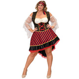 Plus size Pirate Lady costume with striped dress corset-style bodice and head tie