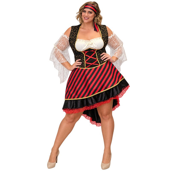 Plus size Pirate Lady costume with striped dress corset-style bodice and head tie