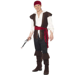 Front view of men's pirate costume in brown, featuring a top with built-in vest,  trousers, brown boot covers, a red belt, and a red headscarf. Outfit is styled in a traditional pirate look.