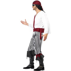Front view featuring striped pants, a white shirt, and a contrasting red belt and headpiece for a classic swashbuckling look.