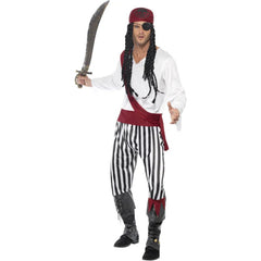 Front view featuring striped pants, a white shirt, and a contrasting red belt and headpiece for a classic swashbuckling look.