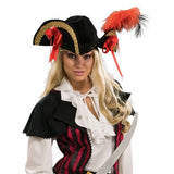 Pirate Maria La Fay Costume-Adult, blouse with puffy sleeves attached jacket in bed and black stripe, pants and tricorn. Tricorn with bows, feathers and braid.