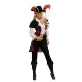 Pirate Maria La Fay Costume-Adult, blouse with puffy sleeves attached jacket in bed and black stripe, pants and tricorn.