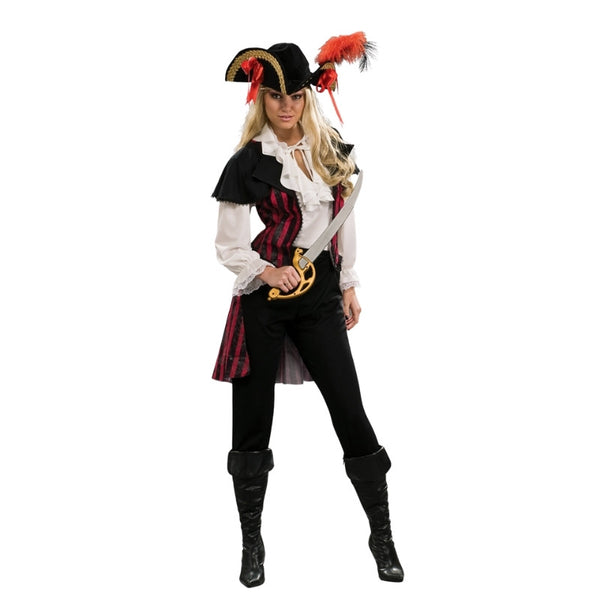 Pirate Maria La Fay Costume-Adult, blouse with puffy sleeves attached jacket in bed and black stripe, pants and tricorn.