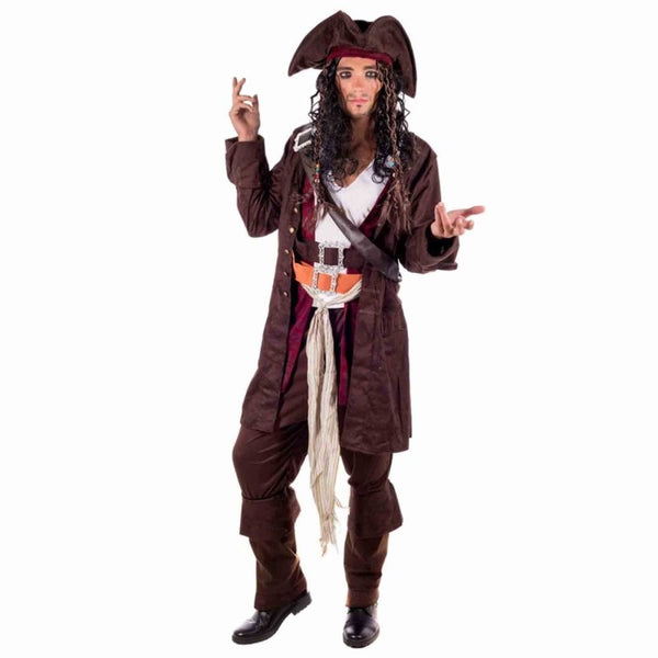 Pirate Rum Smuggler Men’s Costume with jacket, shirt, waistcoat, trousers, scarf, belts, boot covers, and tricorn hat with wig – pirate fancy dress