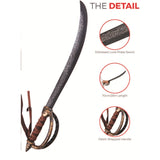 Distressed look pirate sword with detailed specifications on a white background