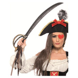 Pirate costume with sword and tricorn hat on a white background
