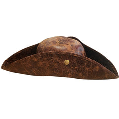 Brown leather tricorn hat with a gold button on a white background