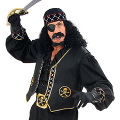 Black adult pirate vest with skull and crossbones trim, lightweight costume accessory
