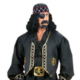 Black adult pirate vest with skull and crossbones trim, lightweight costume accessory