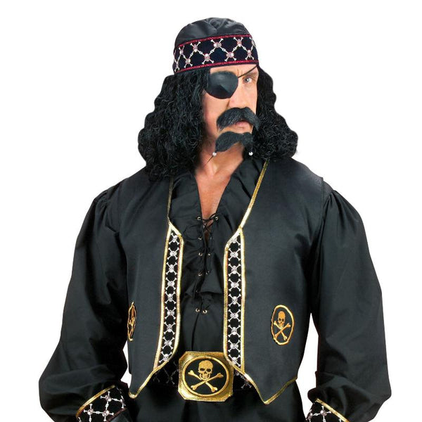 Black adult pirate vest with skull and crossbones trim, lightweight costume accessory