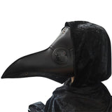 Black plague doctor mask with long beak on a white background