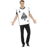 Adult wearing a reversible playing card guard costume featuring the Ace of Spades for Book Week and themed parties.