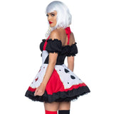 Pretty Playing Card Ladies Costume - Hire, short dress with playing cards on skirt. Hire comes with dress, petticoat, neck frill.