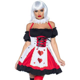 Pretty Playing Card Ladies Costume - Hire, short dress with playing cards on skirt. Hire comes with dress, petticoat, neck frill. Dress has lacing through the bodice.