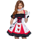Queen of Hearts-style playing card costume with corset dress and sceptre for hire in Brisbane