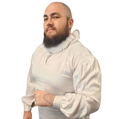 White pleated satin costume collar with ribbon tie, ideal for historical or gothic looks, side view